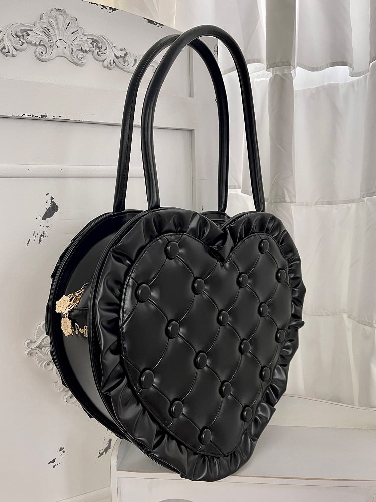 Schwarze Lolita-Schultertasche mit Rüschen, Spitzentasche, Herz-Geldbörse mit Rautenstich