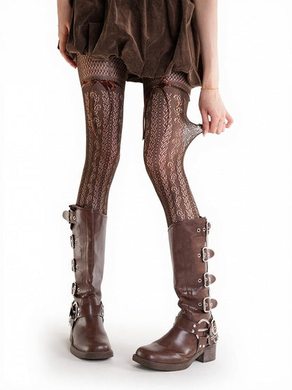 Brown Sheer Lace Pattern Tights with Bowknot Accents - ModaSwings