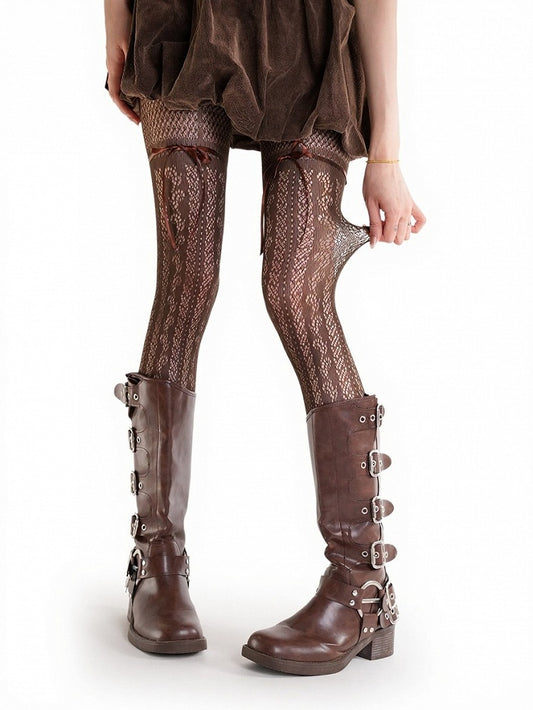 Brown Sheer Lace Pattern Tights with Bowknot Accents - ModaSwings