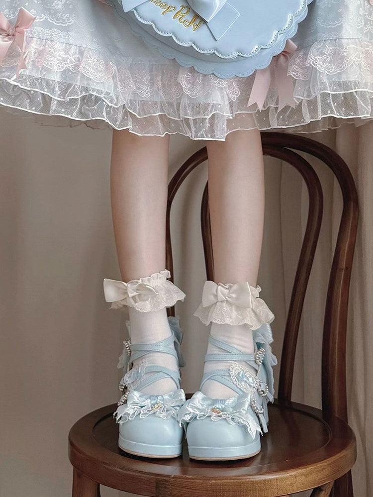 Sweet Lolita Blue Heart Crystal Platform Shoes with Bow - Sheep Puff