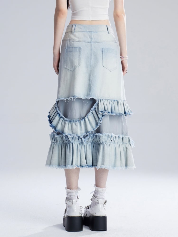 Jeansrock mit Taille, gestufte Rüschen, asymmetrisch, verblasste Waschung, blau, niedrig