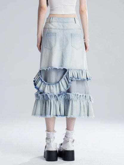 Jeansrock mit Taille, gestufte Rüschen, asymmetrisch, verblasste Waschung, blau, niedrig