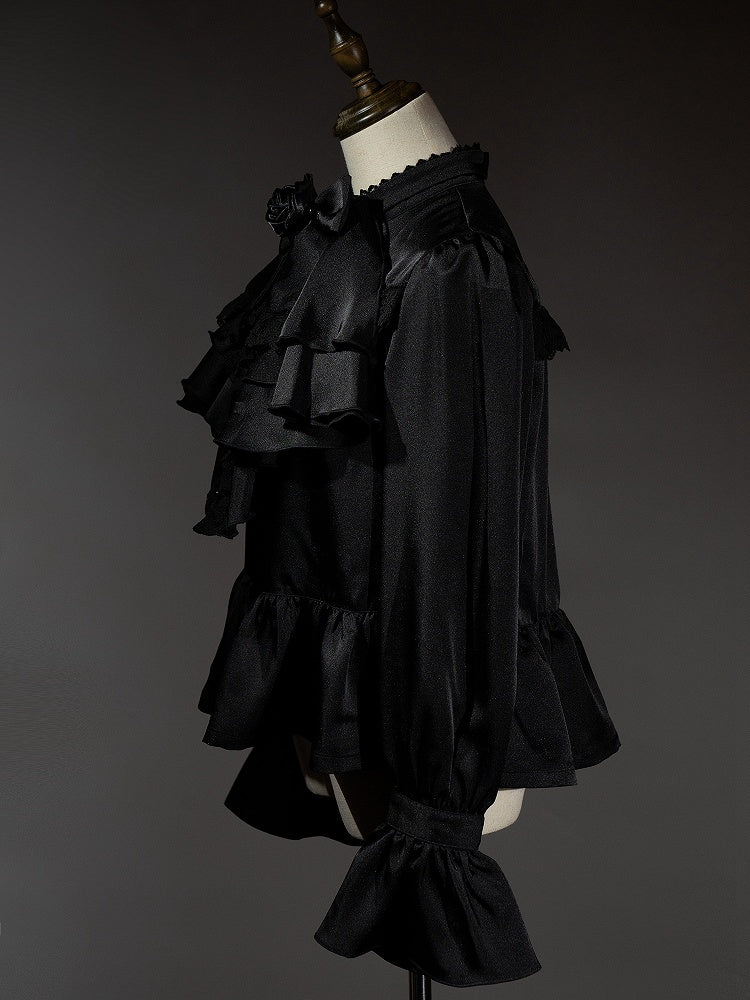 Schwarzes Ouji Fashion Lolita Langarmhemd mit Jabot-Krawatte und Fliege