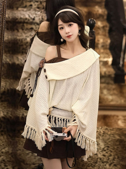 Dark Brown Asymmetrical Shoulder Long Sleeve Knit Top - Han Ru Chu Hanfu &amp; Han-Element Studi