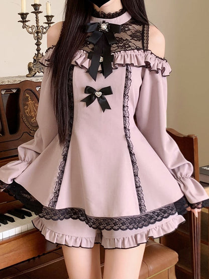 イリュージョンスカートネックラインカットアウトショルダーヘムショーツミニドレスジライケイブラックフリルセットパープル