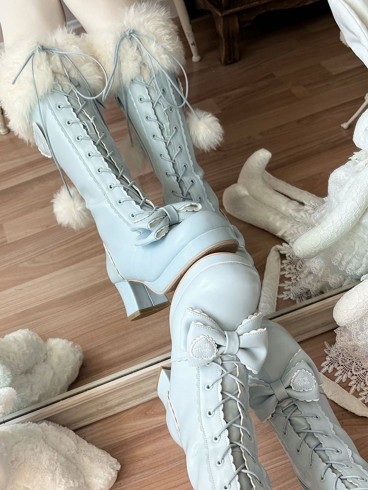 with PU in Cuff Plush Knee-Highs Blue Mid-heel