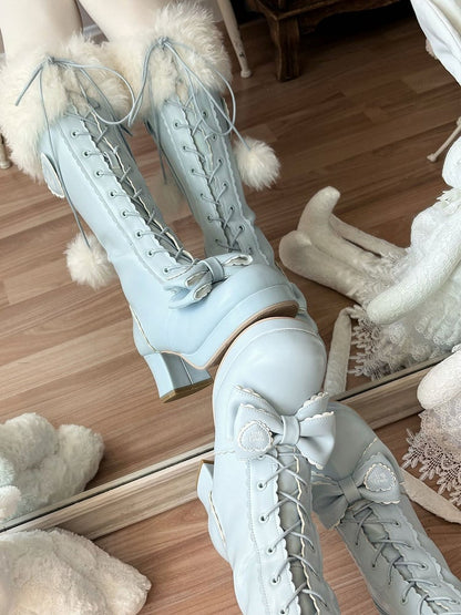 with PU in Cuff Plush Knee-Highs Blue Mid-heel