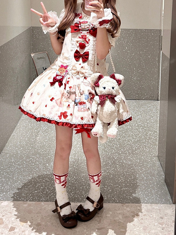 Beige Bear & Strawberry Print Adjustable-Strap Jumper Dress - Honey Village