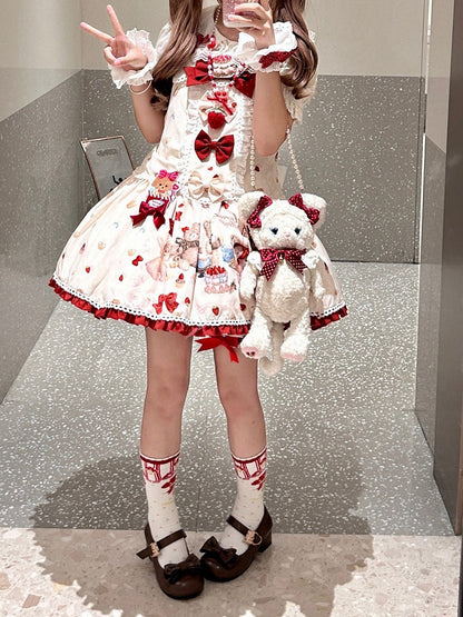 Beige Bear & Strawberry Print Adjustable-Strap Jumper Dress - Honey Village