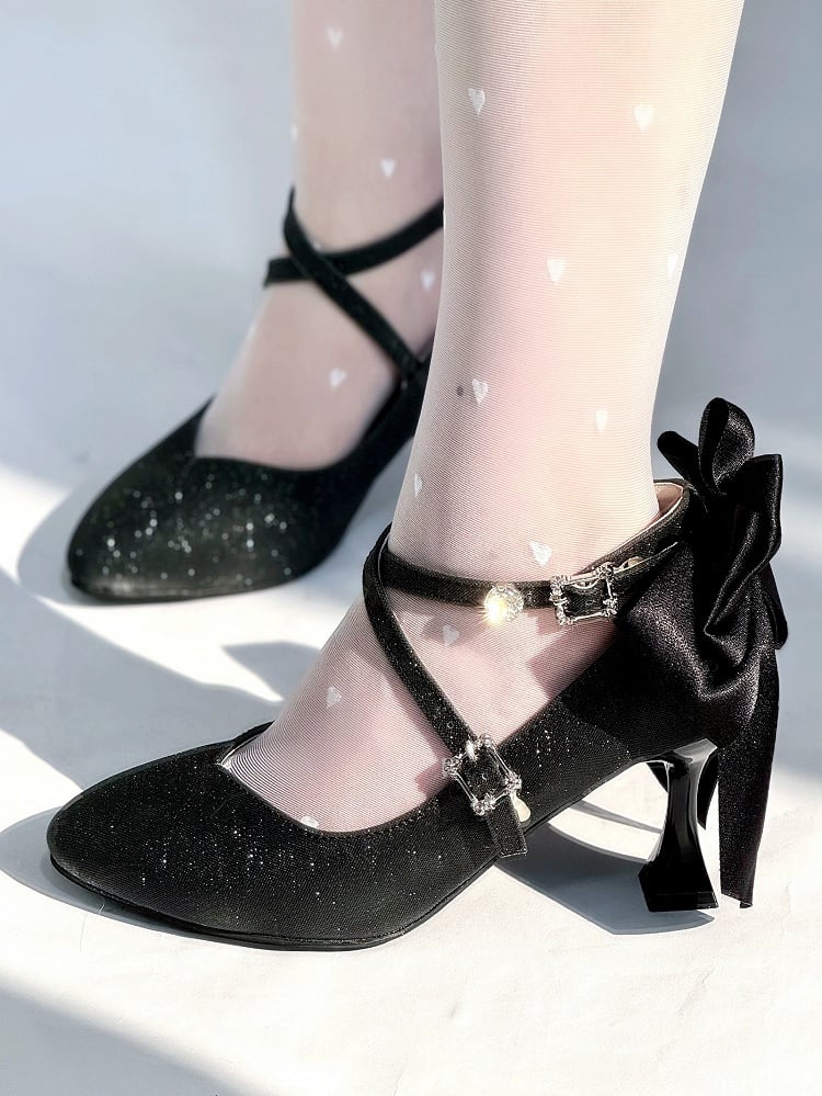 Elegant Bow Upper Glittered Back and Crystal Straps - Lolita with Stilettos Crisscross Pointed Toe Black