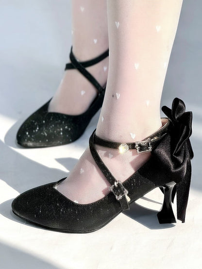 Elegant Bow Upper Glittered Back and Crystal Straps - Lolita with Stilettos Crisscross Pointed Toe Black