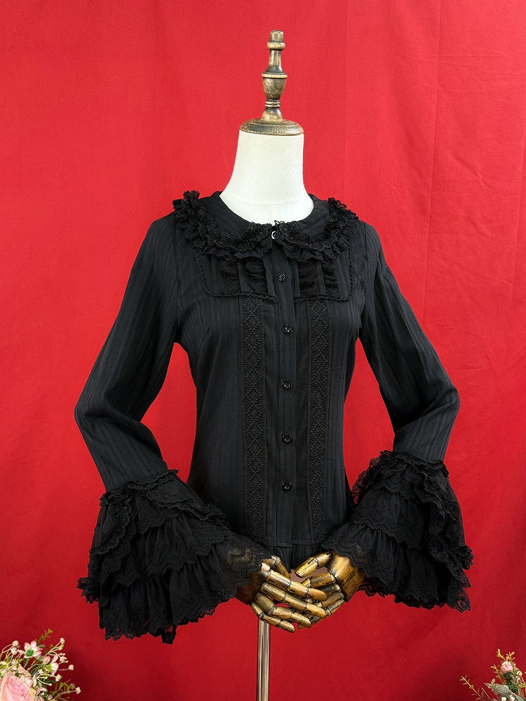 Bell Sleeves Lolita Cotton Jacquard Black Long Blouse