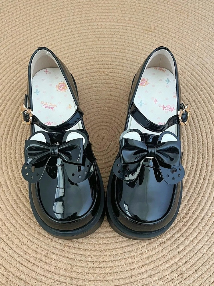 Ear Buckle - Shoes PU JK Heel Detachable Mid Black Bow Polished Academic with Style Bear