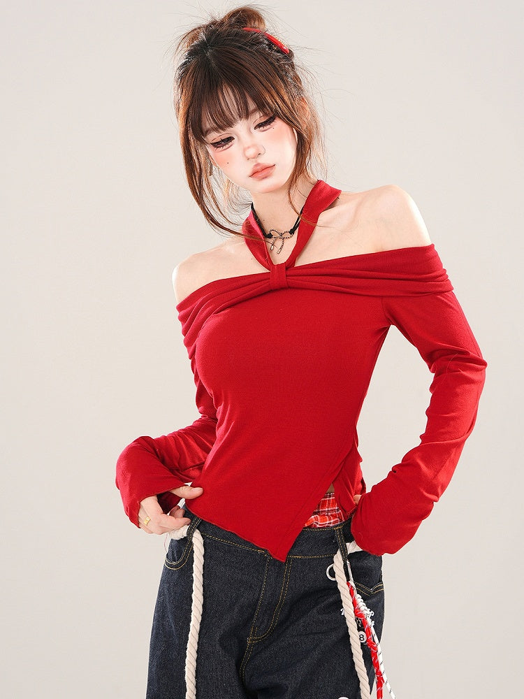 Black/Red Asymmetrical Slit Hem Halter Neck Top
