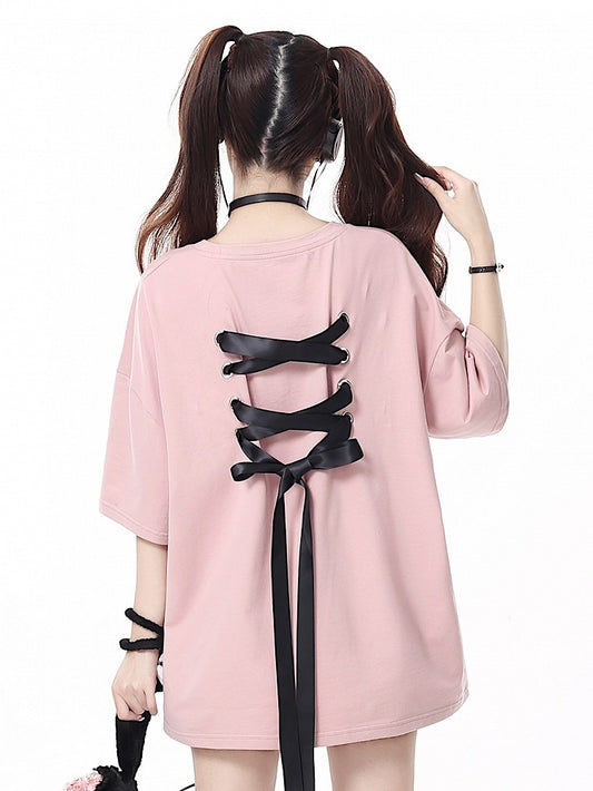 with Print Details T-shirt Bow Lacing Ribbons Pink Back Multi-Color