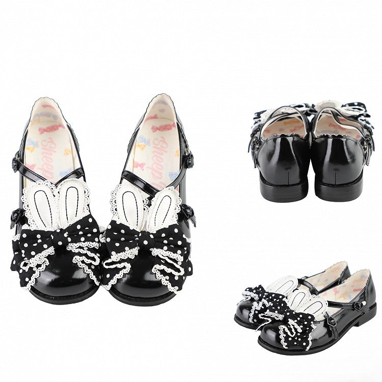 bei Lolita Schuhe Crisscross Bow Top Schwarzes Design Ohr Bunny Polka-Dot-Muster