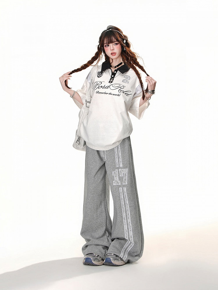Gray Elastic Waist Lace Wide-Leg Drawstring Sports Pants Waist