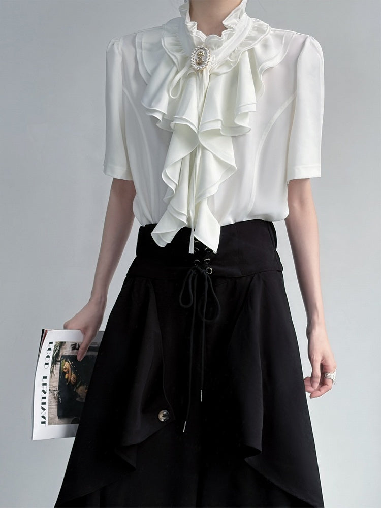 Layered Ruffle White Ouji Short Sleeve Blouse - ROAE
