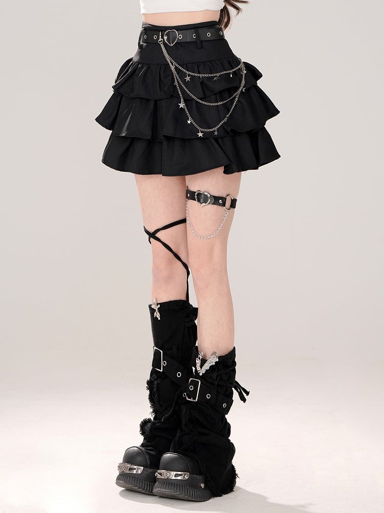Chain Black Tiered Skirt with Heart Buckle Belt and Waist