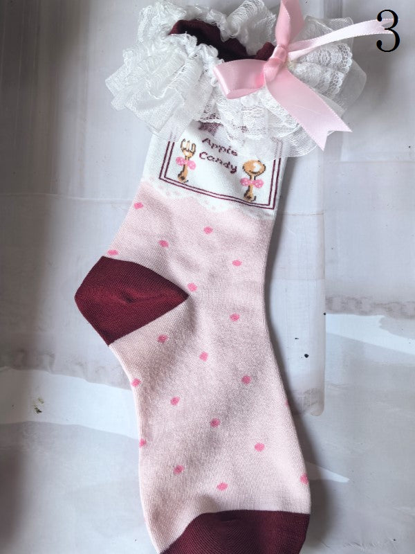 Lolita Calf Pink Bowknot Lace Pattern Details Cuffs Pearls Polka-dot Ruffled With Socks