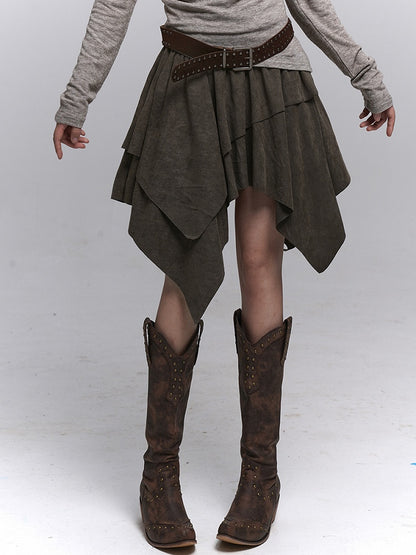 Brown Hem Millard Suede Wasteland Skirt Handkerchief A-Line Fashion Punk