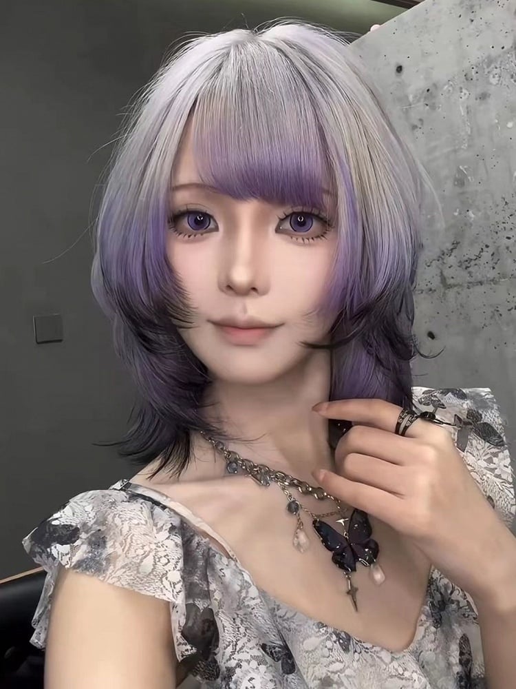 Wig Dusty Short Ombre Purple Bangs Straight with