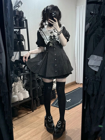 Black Striped Sailor Collar Short-Sleeve Dress with Cherry Blossom Embroidery and Matching Shorts - Dream Core Waves