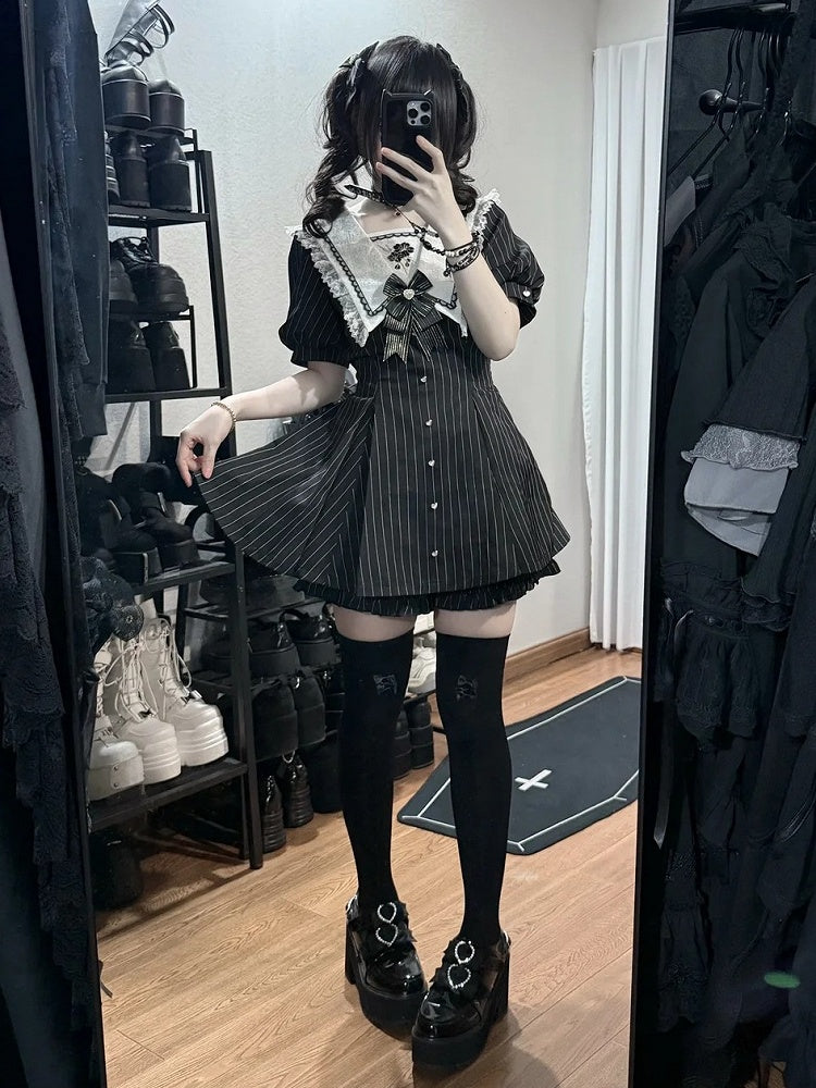 Black Striped Lace Sailor Collar Dress with Cherry Blossom Print and Shorts Set - Dream Core Waves