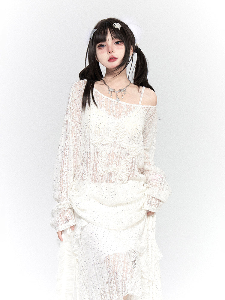 Sequins White Semi-Sheer Top Lace Delicate and Embroidery with Embellished