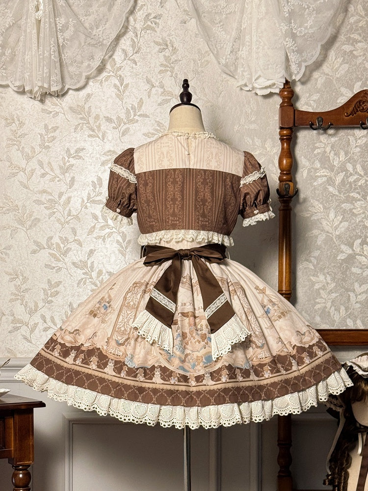 Braunes Lolita-Kleid mit Rüschen und Rundhalsausschnitt, Kitty- und Teddy-Print, Sweet Lolita OP