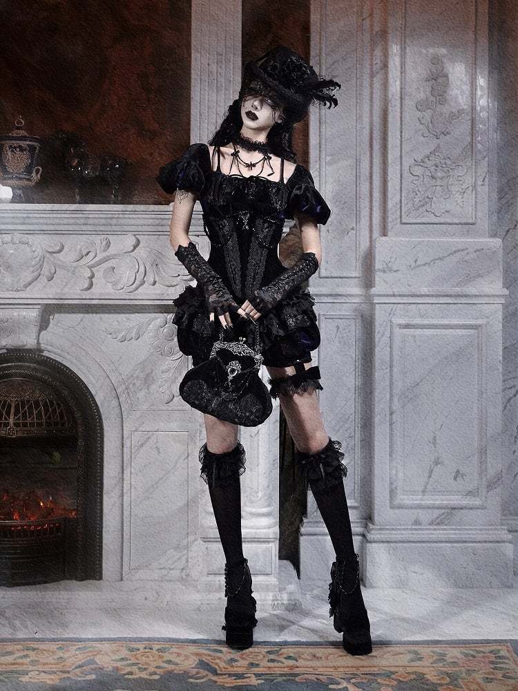 with Handbag Beaded Chains Design and Rhinestone Velvet Lace Bat Handle Black