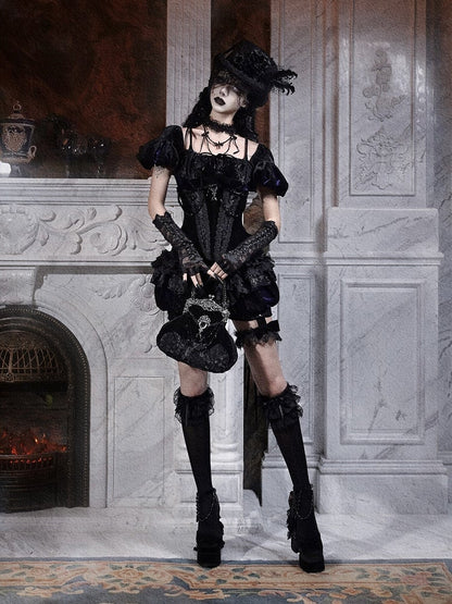 with Handbag Beaded Chains Design and Rhinestone Velvet Lace Bat Handle Black