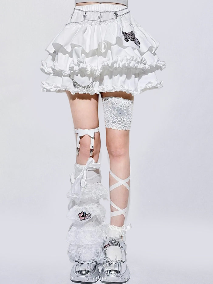 Accents Chain Detachable Trim Ruffle White Skirt Y2K - Tiered