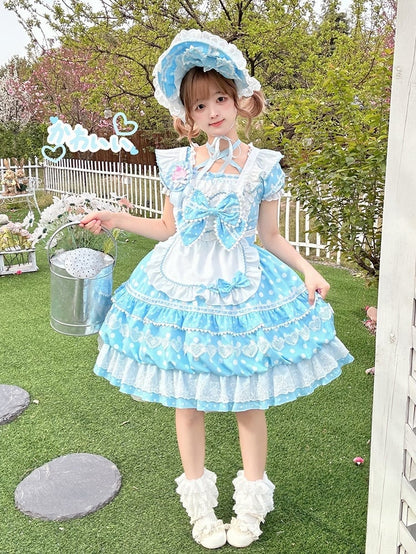 mit Ärmeln Schürze Quadrat Blau Polka Kurzes Kleid Lolita Weiß Ausschnitt Punkte