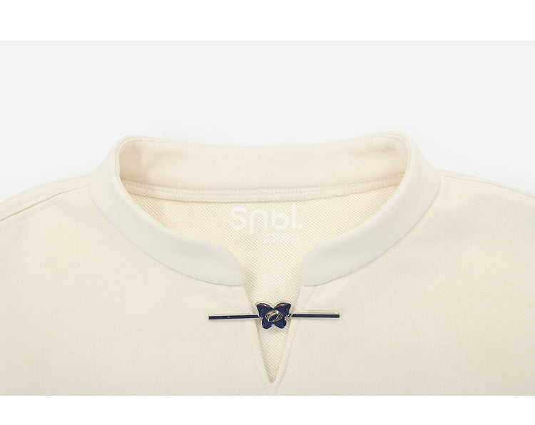 Gebänderter Sweatshirtkragen Schmetterlingsstil Cheongsam-Druck Schwarz/Apricot