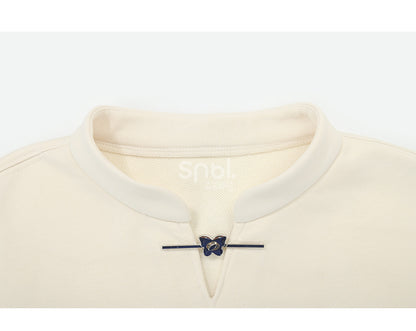 Banded Butterfly Print Sweatshirt Collar Style Cheongsam Black/Apricot