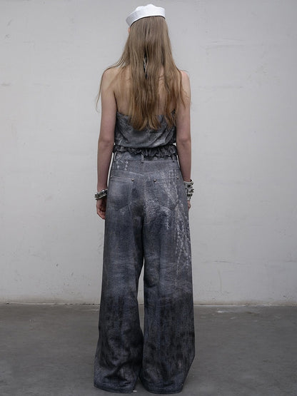 Print Spitzenjeans Schnitt Weites Bein Blau Kette Punk Wasteland Details