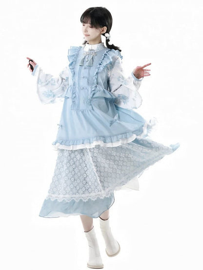 Rococo Back Buttons Style Blue Flutter Sleeves Big Sleeveless Dress Knot Cheongsam Details Tassel Bow