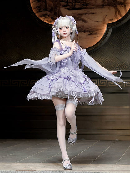 Sleeves with Fairy and Decorated Lolita Tassels Butterfly Ruffle Purple Cascading Jumper Skirt