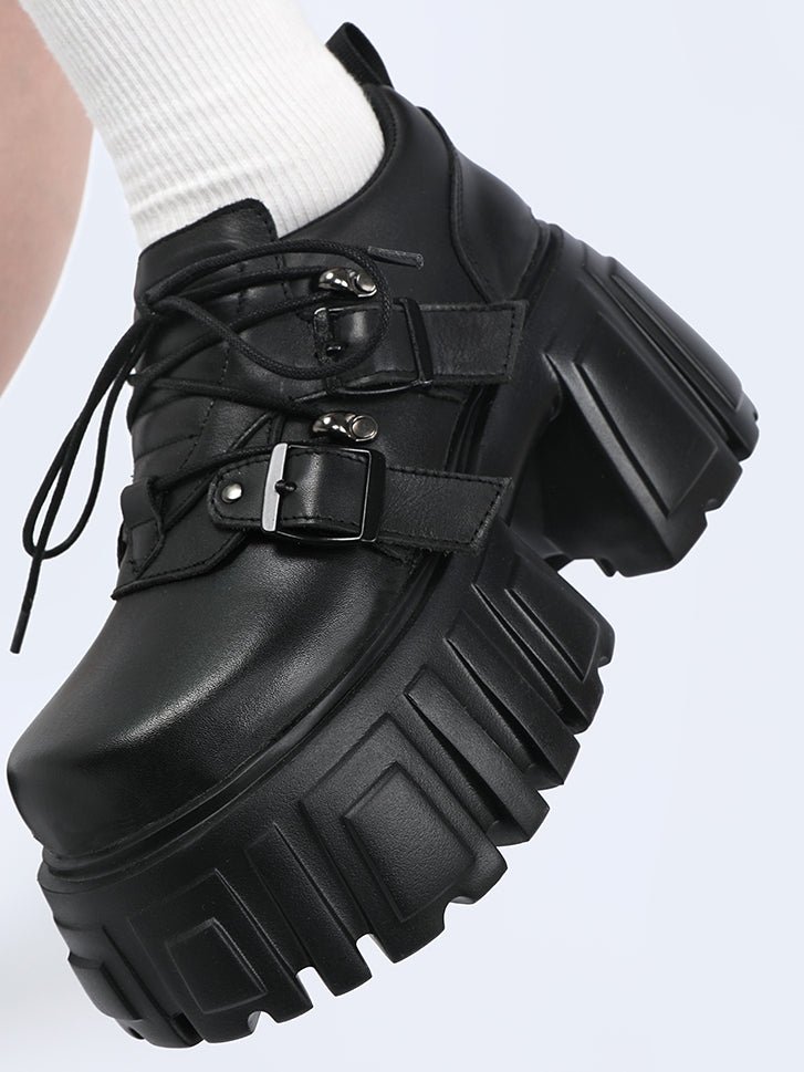 Buckle Shoes Black with Closure Lace-up Details Platform