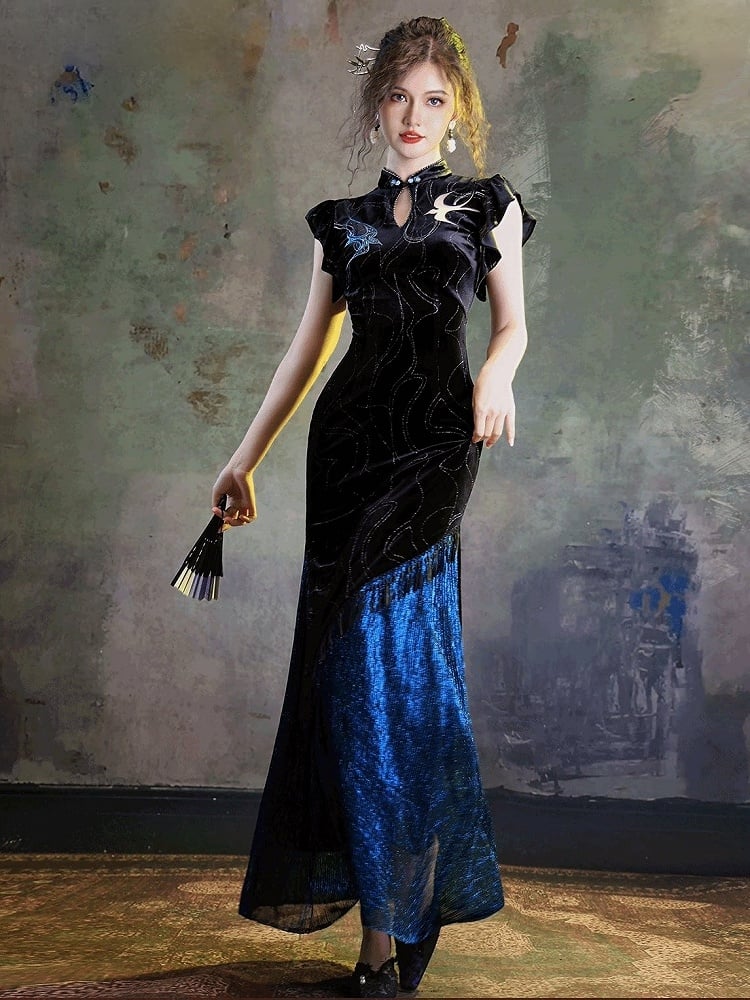 Chinese Black Blue Shimmer Velvet Long Qipao Swallow Embroidery - sijinstudio