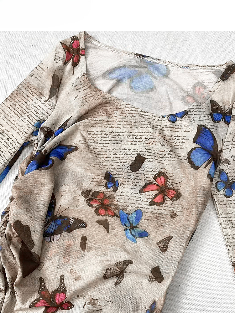 Millard Fashion Vintage Hellkaffeefarbenes Kleid mit Rundhalsausschnitt und Schmetterlingsraffung