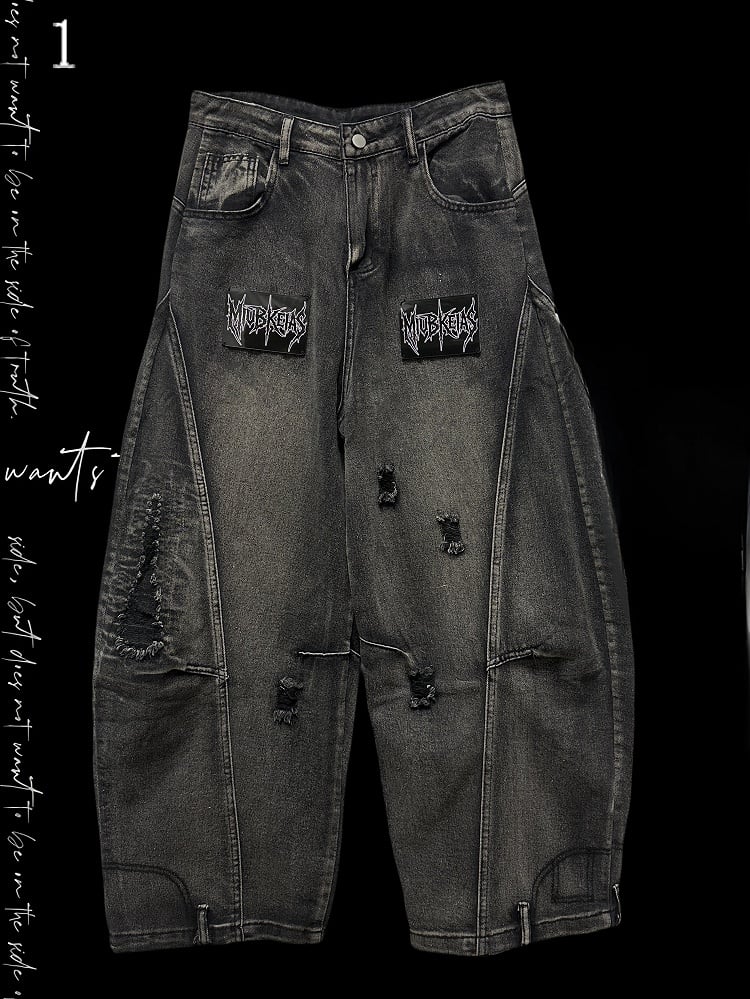 レタージーンズ 穴あきディテールカット ダークディストレストグレーアップリケ ワイドレッグ