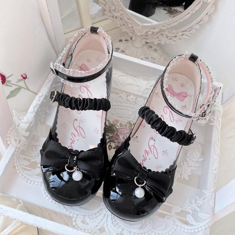 Black Bowknot Heart Buckle Strap Lace Block Heel Lolita Mary Janes