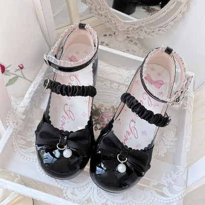 Black Bowknot Heart Buckle Strap Lace Block Heel Lolita Mary Janes