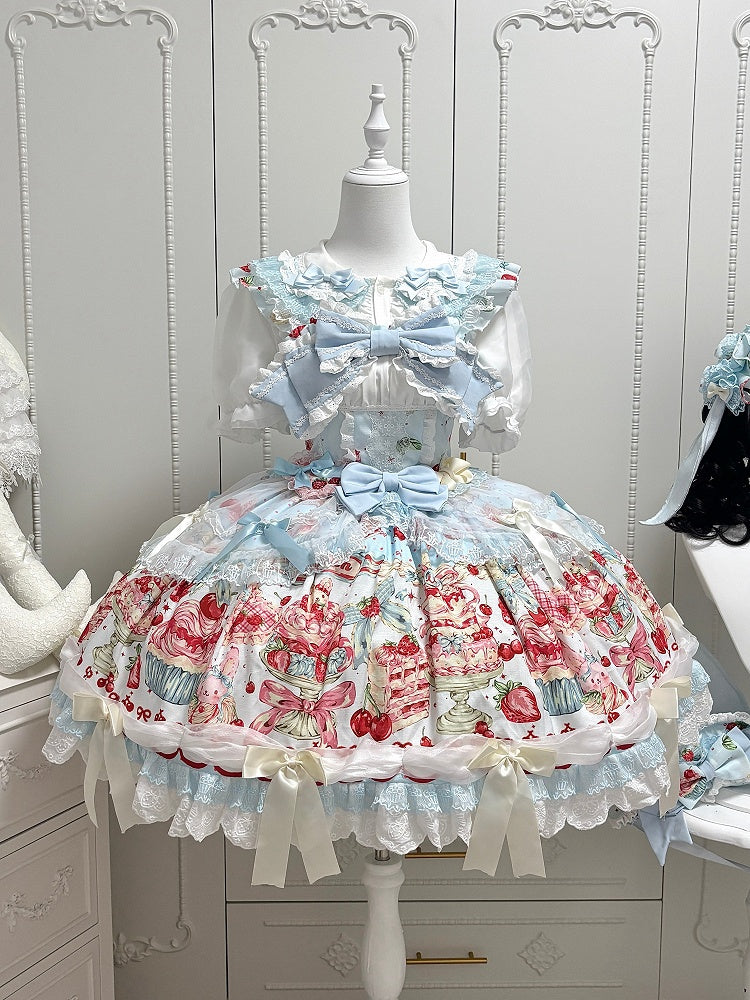 Rock Erdbeere Träger Kleid Rüschen Pullover Schleife Print Kuchen Lolita Akzente Süß und Blau