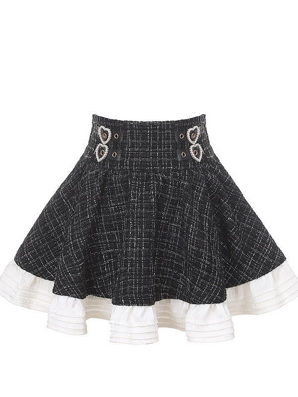 Black Jirai Kei Tweed Skirt for Autumn/Winter Season - Puppet Bombs