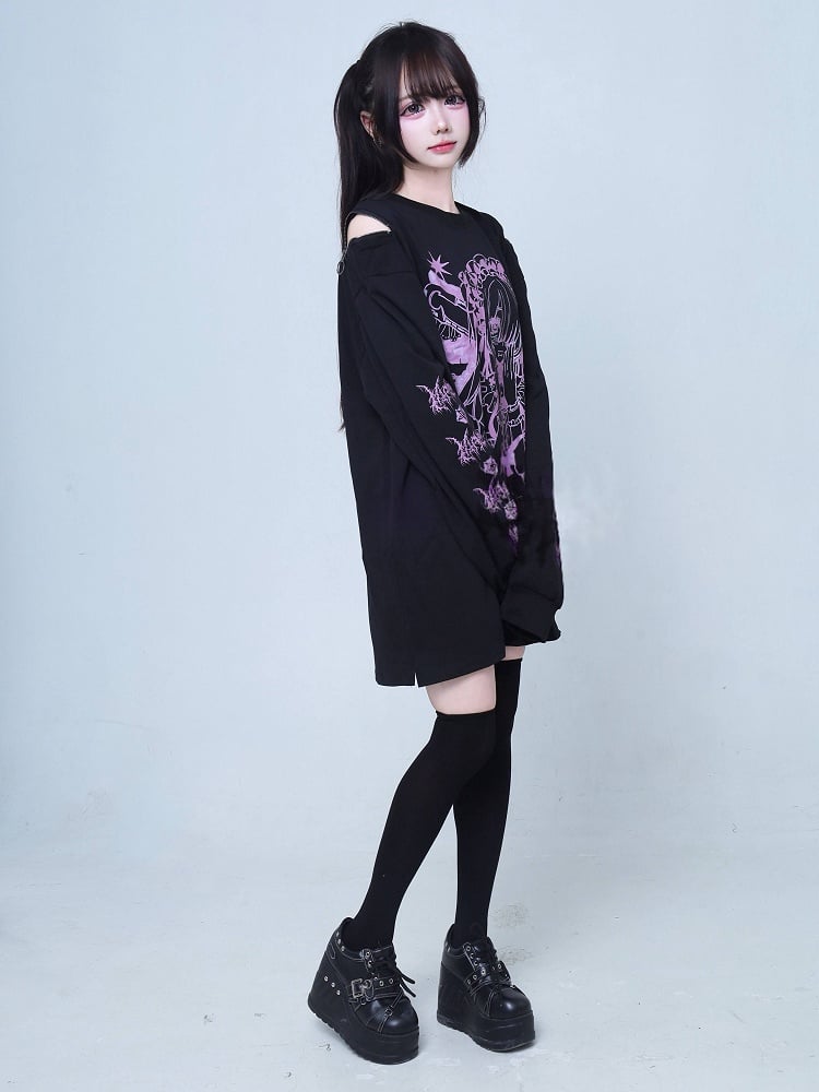 Jirai Cartoon T-Shirt Shoulder Long-Sleeve Zipper Print with Girl Black Design Kei Cutout Pink