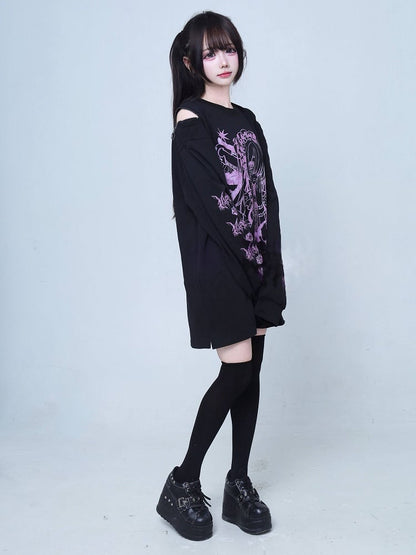 Jirai Cartoon T-Shirt Shoulder Long-Sleeve Zipper Print with Girl Black Design Kei Cutout Pink