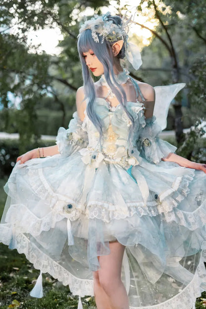 Volles leichtes Schmetterlingskleid Lolita JSK Blaues Design-Set Floral Fairy Princess